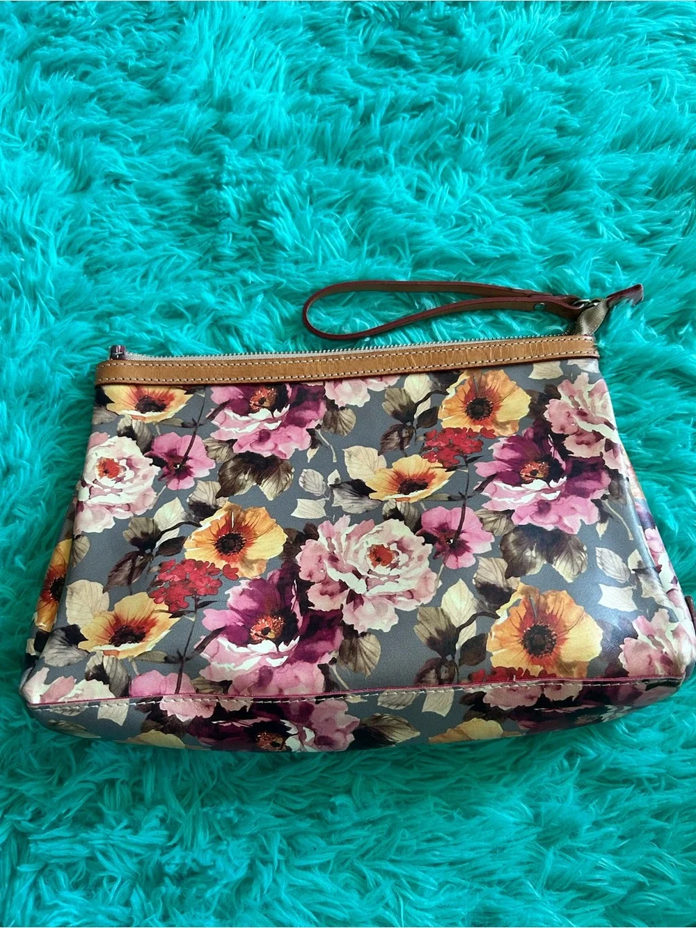 Cavalcenti Floral Print Wristlet Clutch in Gray with Pink & Yellow Blooms